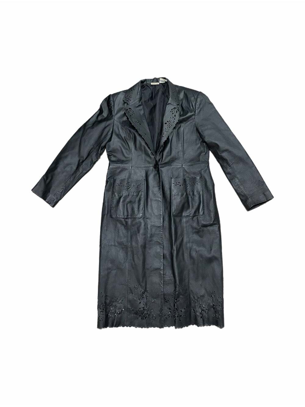 Newport News Women's Black Leather Floral Cutout Long Coat Size L